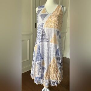 Carine Dress Womens Large Blue Yellow White Sleeveless Tiered Knee Length Size M